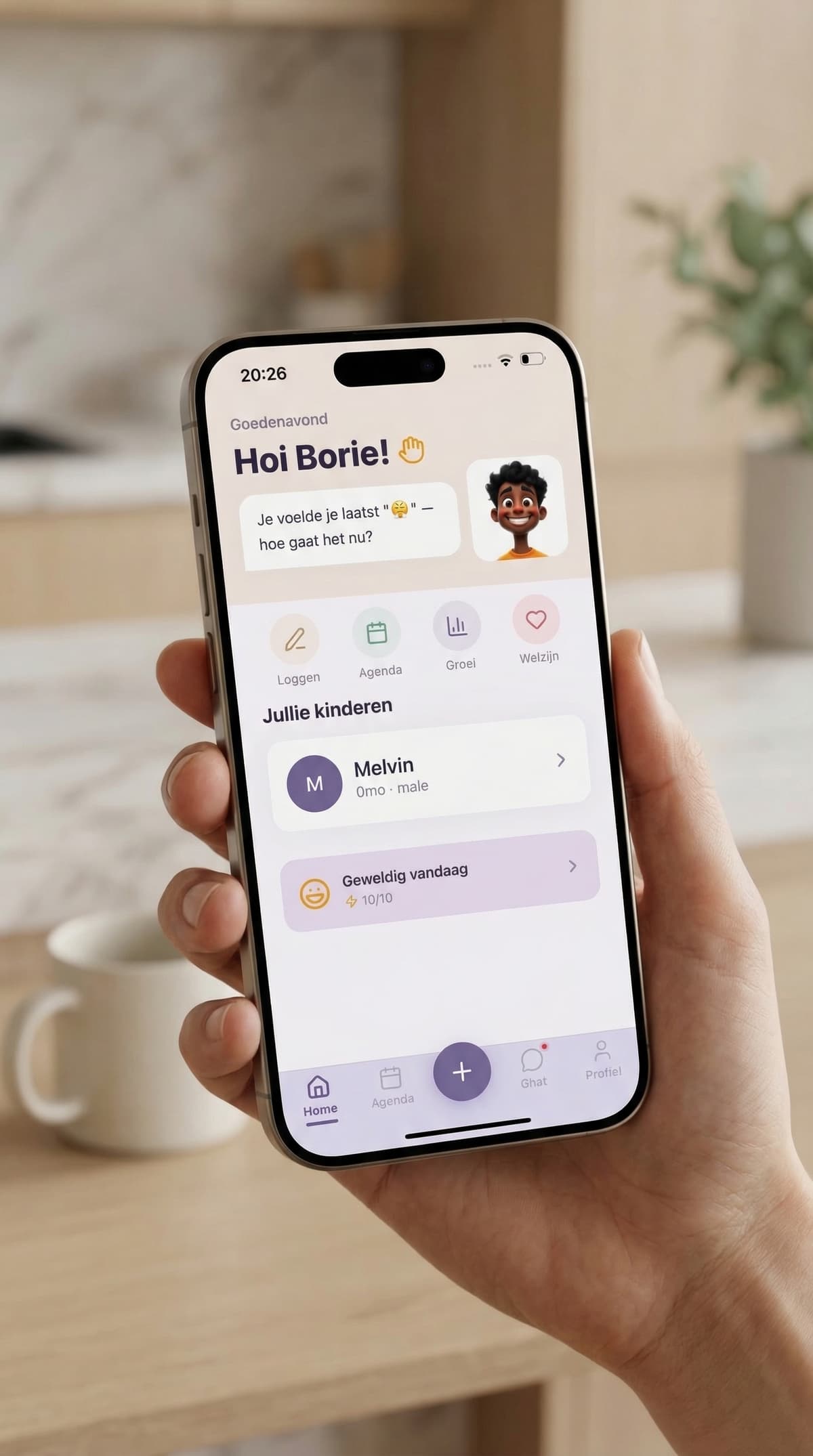 Kidory dashboard showing personalized greeting, quick actions, and child overview
